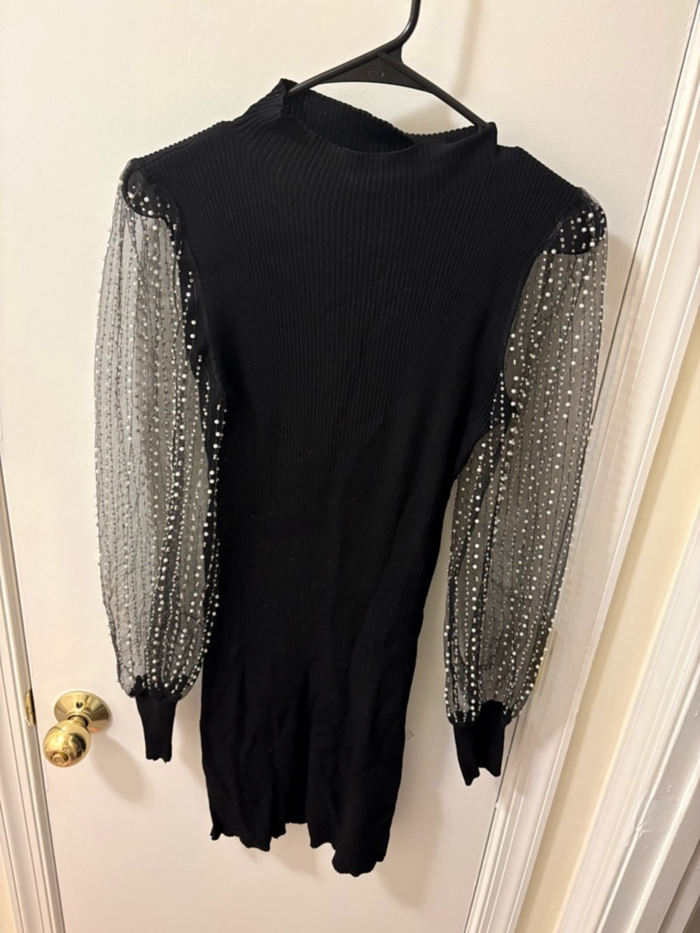 Black Ribbed Knit Mini Dress with Beaded Mesh Sleeves